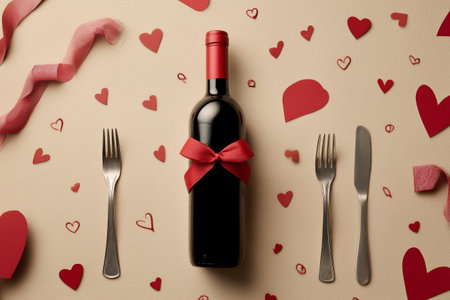 Dark red wine bottle tied with a red ribbon is placed at the center.の素材