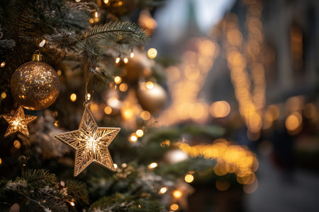 A beautifully decorated Christmas tree stands tall with golden ornaments and sparkling lights. The festive atmosphere is enhanced by twinkling lights in the city during the evening..の素材