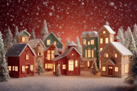 A beautiful scene of tiny houses illuminated warmly as snow falls gently around them, creating a cozy winter atmosphere in a festive village setting.の素材