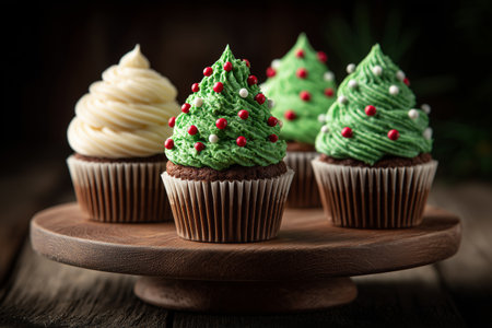 Colorful cupcakes decorated to resemble Christmas trees sit on a wooden stand, creating a festive atmosphere. The scene is cheerful, perfect for celebrating the holiday season..の素材