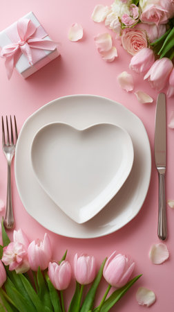 A heart-shaped plate sits on a pink wooden table surrounded by fresh tulips and a small gift wrapped with a bow, perfect for celebrating love and special moments..の素材
