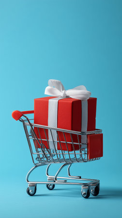 A small shopping cart holds a bright red gift adorned with a ribbon. The cart is placed on a smooth turquoise surface, creating a vibrant and festive atmosphere..の素材