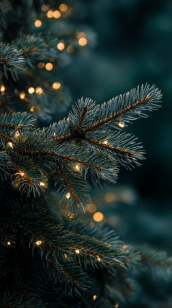 A beautifully decorated Christmas tree with shimmering warm lights glows brightly. The dark green background enhances the festive atmosphere of the holiday season..の素材