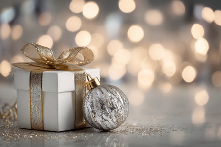 A small white gift box tied with a silver ribbon sits elegantly next to a decorative silver ornament. Soft golden lights create a warm, festive atmosphere, perfect for celebrations.の素材