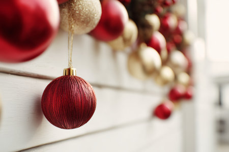 Red and gold ornaments hang on a wall, creating a cheerful winter holiday atmosphere. The decorations add warmth to the setting during the festive season.の素材
