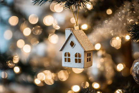 A small house ornament hangs from a Christmas tree branch, surrounded by soft warm lights.の素材