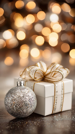 A white gift box tied with a gold ribbon sits next to a silver ornament. Soft, warm lights create a cozy and festive atmosphere, perfect for the holiday season..の素材