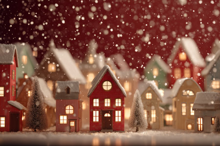 A beautiful scene of tiny houses illuminated warmly as snow falls gently around them, creating a cozy winter atmosphere in a festive village setting..の素材
