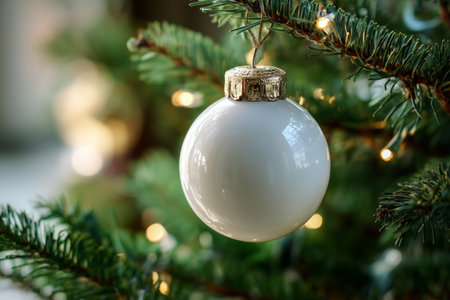 A simple white ornament with a gold cap dangles from a green pine branch of a Christmas tree. Soft lights create a warm, festive atmosphere, enhancing the holiday spirit.の素材