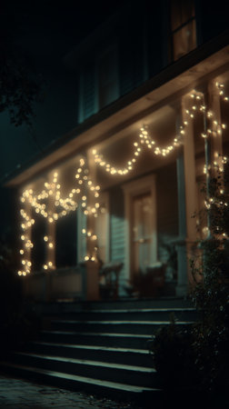 String lights adorn a cozy front porch, casting a soft glow in the darkness. The scene is tranquil, evoking warmth and inviting conversation under the stars.の素材