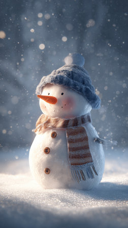 A joyful snowman stands in a snowy landscape, adorned with a hat and scarf, as gentle snowflakes cascade around it, creating a magical winter scene..の素材