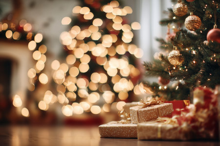 A beautifully decorated Christmas tree stands in a cozy living room, surrounded by wrapped gifts. The warm lights create a festive atmosphere, perfect for holiday celebrations.の素材