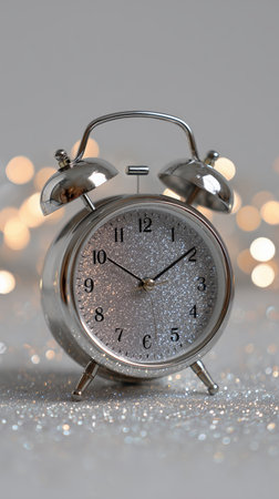 A classic alarm clock stands proudly on a glittery surface, surrounded by warm, sparkling lights in the background, creating an inviting evening atmosphere..の素材
