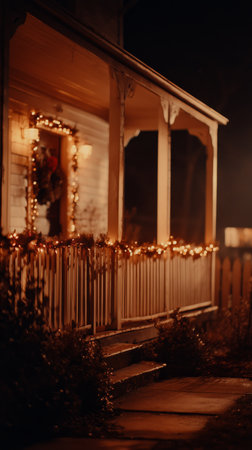 String lights adorn a cozy front porch, casting a soft glow in the darkness. The scene is tranquil, evoking warmth and inviting conversation under the stars..の素材