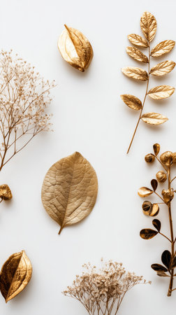 A collection of golden leaves, flowers, and decorative spheres is tastefully arranged on a white surface, creating a serene and elegant atmosphere ideal for decor..の素材