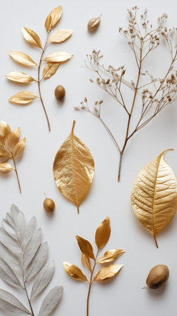 Delicate leaves in gold and silver tones are artistically arranged on a light surface, showing their unique shapes and textures. This natural decor adds elegance and charm.の素材