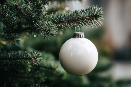 A shiny white ornament is delicately attached to a green pine tree branch. The scene captures the essence of the festive season, bringing holiday cheer.の素材