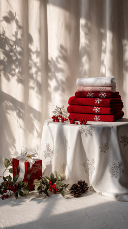A stack of red and white towels placed neatly on a table with a festive tablecloth. Surrounding decorations include pinecones, berries, and a small gift, all illuminated by soft sunlight.の素材