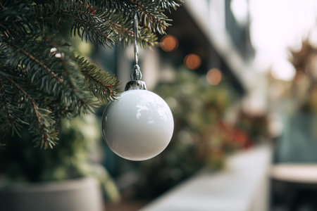 A shiny white ornament is delicately attached to a green pine tree branch. The scene captures the essence of the festive season, bringing holiday cheer..の素材