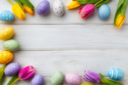 Colorful Easter eggs sit surrounded by bright tulips, creating a cheerful spring scene on a wooden background. This setup captures the joy of the holiday.の素材