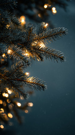 Soft glow from warm lights illuminates the pine tree branches, making a cozy scene ideal for celebrating the festive season. This captures the magic of winter nights.の素材
