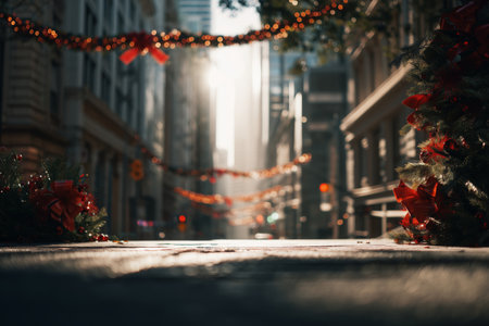 Streets are adorned with festive decorations, including ribbons and greenery, as sunlight filters through buildings, creating a warm atmosphere in the busy city.の素材
