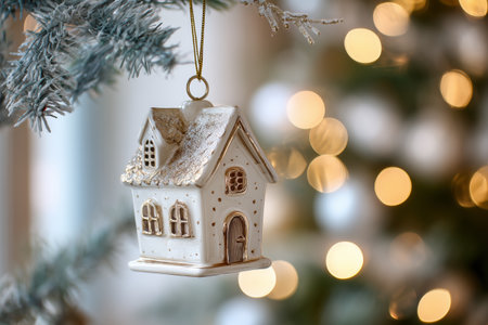 A delicate house-shaped ornament hangs from a snowy fir tree branch. Soft, warm lights twinkle in the background, creating a cozy holiday atmosphere.の素材