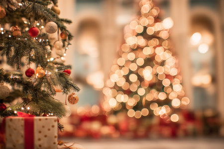 A beautifully decorated Christmas tree stands in a cozy living room, surrounded by wrapped gifts. The warm lights create a festive atmosphere, perfect for holiday celebrations..の素材