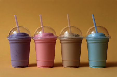 Colorful plastic cups with milkshakes on a yellow background.の素材