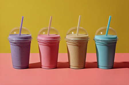 Four cups of colorful smoothies in shades of purple, pink, yellow, and blue are lined up against a bright pink surface with a cheerful yellow background, showing a fun summer vibe.の素材