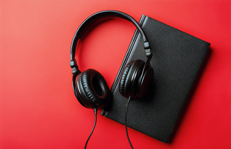 Black headphones lie on a closed book against a vibrant red background. The scene captures a moment of relaxation, inviting exploration of stories through sound..の素材