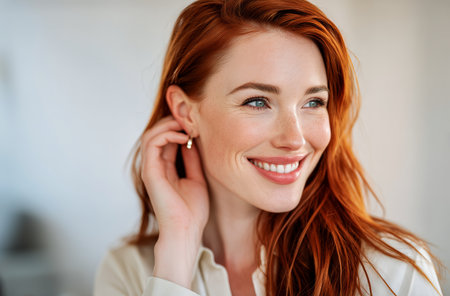 A cheerful woman with long, red hair gently touching her ear while smiling. She is in a well-lit room, radiating warmth and happiness.の素材
