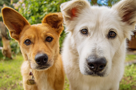 Two dogs, one golden and one white, stand side by side in a garden filled with greenery. They look curiously at the camera on a bright, sunny day.の素材