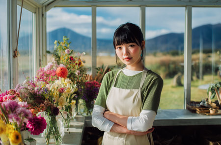 A florist stands proudly in her flower shop, surrounded by colorful blooms and lush greenery. The bright windows showcase a stunning mountain view, highlighting a peaceful atmosphere..の素材