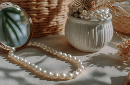 A beautiful arrangement features a pearl necklace, an ornate brooch, and a small mirror. Soft natural light enhances the textures and colors, creating a cozy atmosphere..の素材