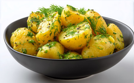 Fresh, golden potatoes are seasoned with herbs and placed in a stylish black bowl. This dish showcases simplicity and flavor, perfect for any meal occasion..の素材