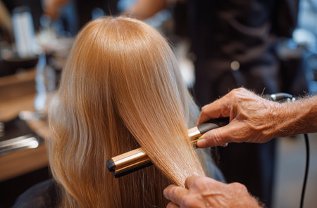 A stylist is using a flat iron to straighten long, blonde hair at a salon filled with activity. The scene showcases a relaxed yet professional environment.の素材