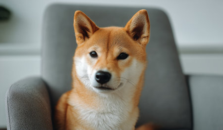 A cheerful Shiba Inu lies comfortably on a soft chair in a well-lit room, showcasing its fluffy coat and friendly smile while enjoying a peaceful moment..の素材