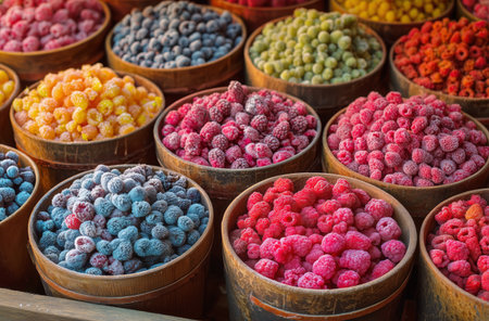 Numerous wooden containers display an array of colorful frozen berries, including raspberries, blueberries, and blackberries. This market scene captures the essence of summer produce.の素材