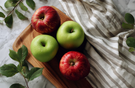 Four apples, two red and two green, sit on a wooden board, surrounded by scattered green leaves and a striped kitchen towel, creating a fresh and inviting kitchen scene.の素材