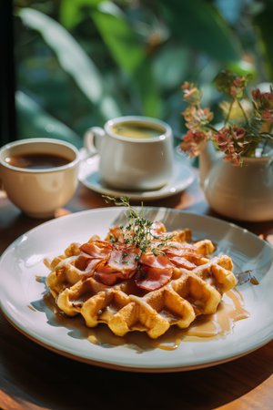 A warm waffle topped with crispy bacon sits on a plate. A cup of tea and a decorated teacup are nearby, surrounded by green leaves, creating a cozy, inviting atmosphere..の素材