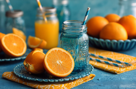 Bright oranges are arranged on blue plates alongside a glass jar of juice. The scene is lively with colorful elements and a tropical feel, perfect for a summer breakfast or snack.の素材
