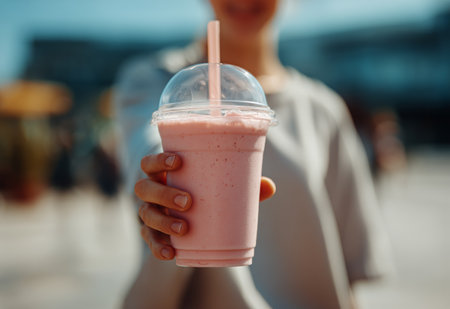 A person holds a chilled, pink fruit smoothie with a straw while standing outdoors in a lively urban setting on a bright day, enjoying the warm weather.の素材