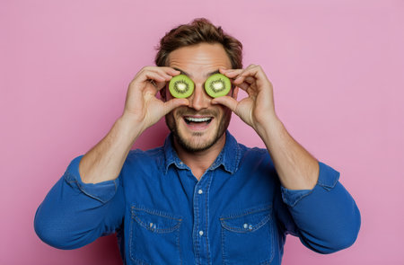 A cheerful man is smiling widely while holding two kiwi slices over his eyes. The vibrant pink background adds a playful touch to the scene, reflecting fun and positivity.の素材