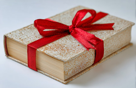 A lovely gift is wrapped in shiny paper and topped with a bright red ribbon. The soft white background highlights the details. Perfect for special occasions or celebrations.の素材