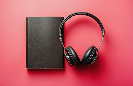 Headphones are placed on a black notebook that lies flat on a bright red surface. This scene captures a moment of creativity and relaxation..の素材