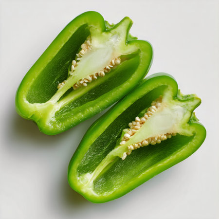 Two halved green bell peppers sit on a plain surface, highlighting their bright color and textured interior. The seeds are visible in the center, showing freshness and quality.の素材