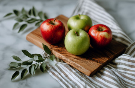 Four apples, two red and two green, sit on a wooden board, surrounded by scattered green leaves and a striped kitchen towel, creating a fresh and inviting kitchen scene..の素材
