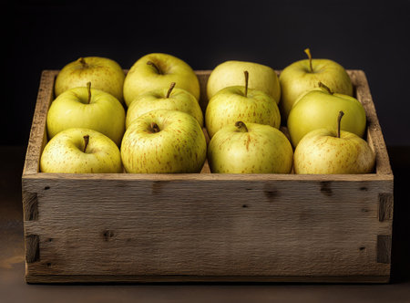Twelve bright green apples fill a rustic wooden crate, showing their shiny skin and unique speckles. This fresh produce is perfect for healthy snacks or baking delicious treats.の素材