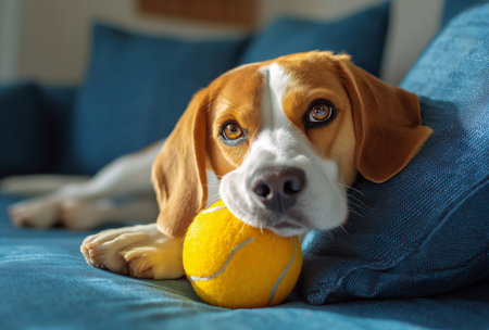 A beagle lies comfortably on a blue sofa, resting its head on a yellow tennis ball. The cozy scene captures the dogs calm demeanor in a home setting..の素材